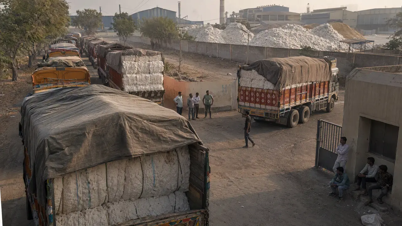 Factory gate par line mein khadi maal gaadiyan