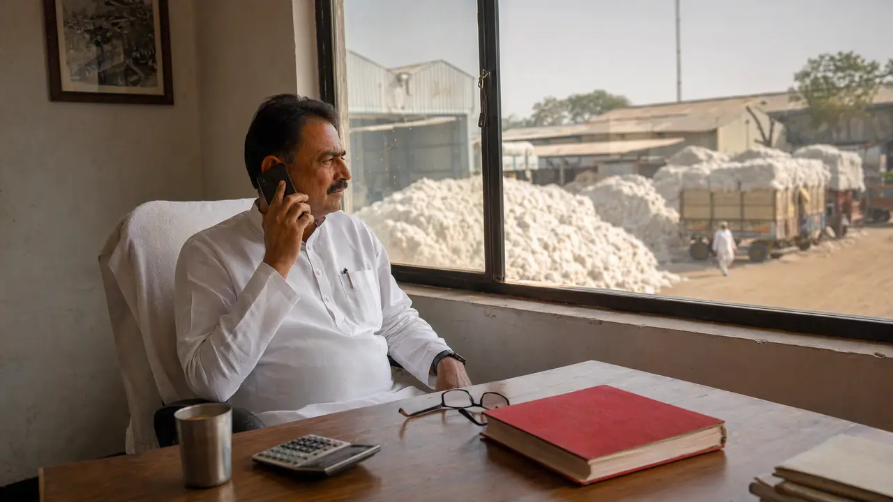 Seth apne office mein phone par, khidki ke bahar kapas ke dher