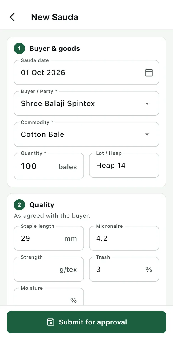Naya sauda: party, maal, gaanth, quality, rate aur bhav ka aadhar