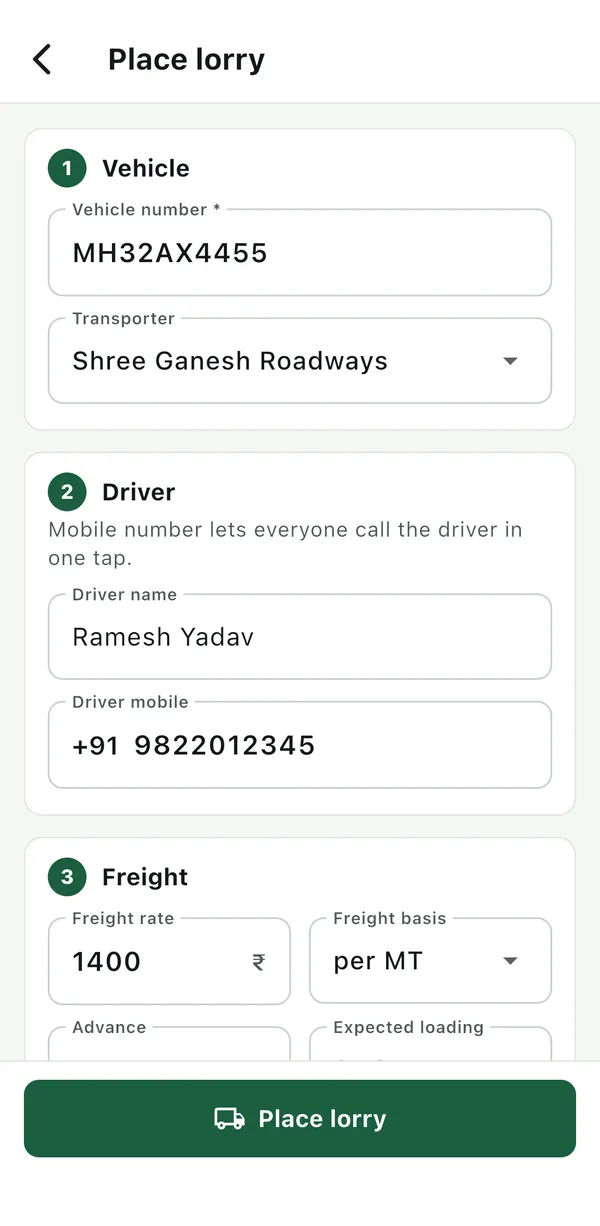 Gaadi lagao: gaadi number, transporter, driver, bhada, advance, LR